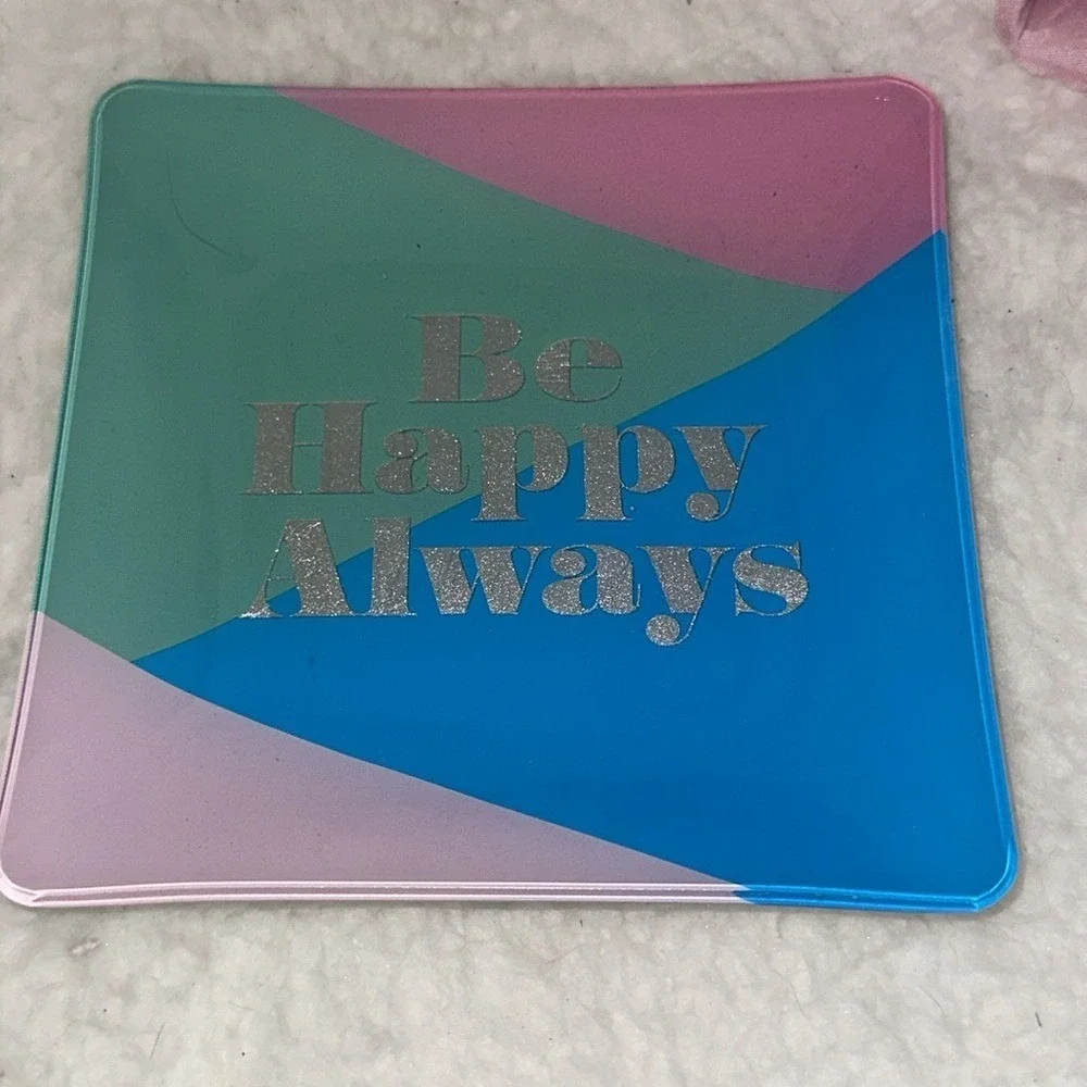 Fringe Studio Be Happy Always Glass Trinket Tray Color Block Silver Glitter Dish